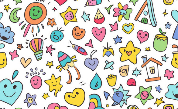Cute doodle style, white background with many small colorful drawings of hearts, flowers, stars, lightning bolts, houses, suns, rainbows, clouds and flowers