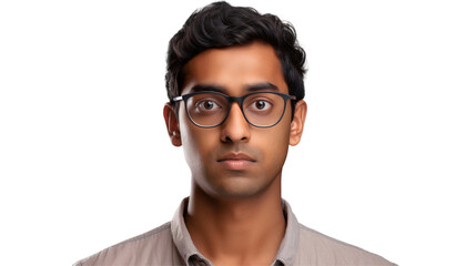 Headshot close up portrait of a young guy wearing glasses, smiling looking at camera isolated on transparent background