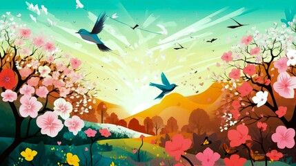 Fototapeta na wymiar spring illustrations full of happiness and joy with beautiful flowers, trees and natural scenery, playing kites, close ups of birds and parrot, rabbits, butterflies and other creature