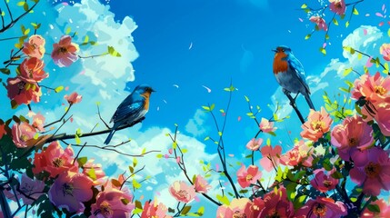 Fototapeta na wymiar spring illustrations full of happiness and joy with beautiful flowers, trees and natural scenery, playing kites, close ups of birds and parrot, rabbits, butterflies and other creature