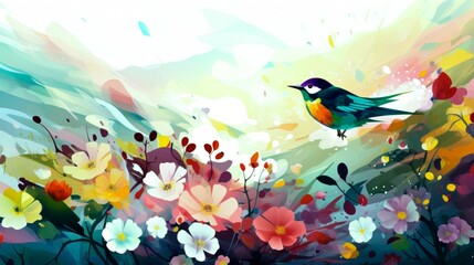 spring illustrations full of happiness and joy with beautiful flowers, trees and natural scenery, playing kites, close ups of birds and parrot, rabbits, butterflies and other creature