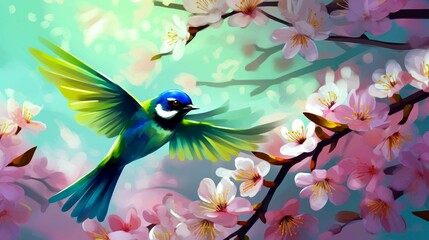 spring illustrations full of happiness and joy with beautiful flowers, trees and natural scenery, playing kites, close ups of birds and parrot, rabbits, butterflies and other creature