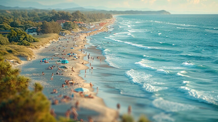 Beachgoers enjoying a fun-filled day on a bustling summer beach - obrazy, fototapety, plakaty