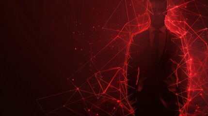 Businessman in business dress suit jacket, trousers, shirt, tie from futuristic polygonal red lines and glowing stars for banner, poster, greeting card. AI generated