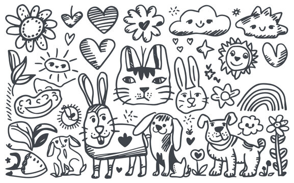Hand drawn doodle sketch childish element set of Flower, hearts, clouds, cat face, rabbit, dogs, sun, rainbow children draw style design elements on white background, scribble line style, illustration