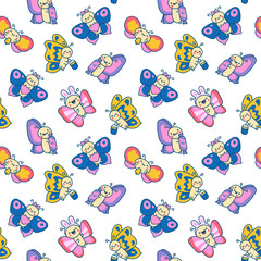 Adorable kawaii baby butterflies. Seamless pattern. Cute cartoon insects with wings. Hand drawn style. Vector drawing. Design ornaments.