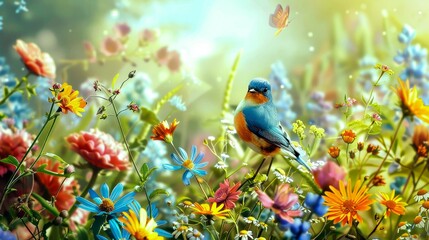 Obraz premium spring illustrations full of happiness and joy with beautiful flowers, trees and natural scenery, playing kites, close ups of birds and parrot, rabbits, butterflies and other creature