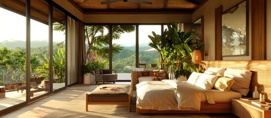 Scenic vista of a charming and comfortable bedroom with a summer outdoor setting. - obrazy, fototapety, plakaty