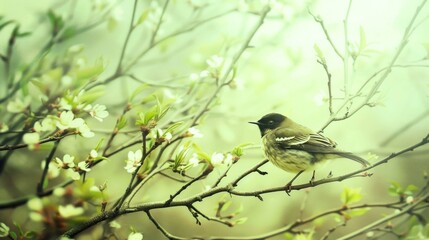 Fototapeta premium spring illustrations full of happiness and joy with beautiful flowers, trees and natural scenery, playing kites, close ups of birds and parrot, rabbits, butterflies and other creature