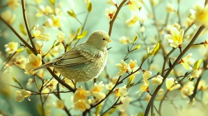 Obraz premium spring illustrations full of happiness and joy with beautiful flowers, trees and natural scenery, playing kites, close ups of birds and parrot, rabbits, butterflies and other creature