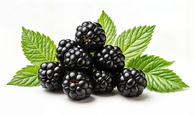 Blackberries and Leaves on White Background
