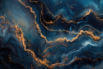 A background with swirling patterns of deep blue and gold, resembling the night sky with stars. Created with Ai - obrazy, fototapety, plakaty