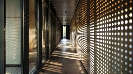 The contrast between the solid and perforated sections of the metal sheets creates a playful interplay of light and shadow adding dimension and depth to the interior space. This clever . - obrazy, fototapety, plakaty