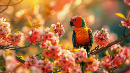 spring illustrations full of happiness and joy with beautiful flowers, trees and natural scenery, playing kites, close ups of birds and parrot, rabbits, butterflies and other creature - obrazy, fototapety, plakaty