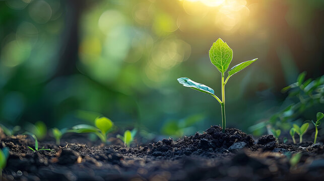 Embrace the essence of growth and renewal with this captivating image of a young plant sprouting from nourishing soil, illuminated by a gentle sunlight