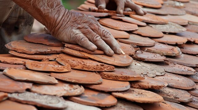 The roofers hands work tirelessly to arrange the clay tiles creating a rhythmic pattern that showcases their dedication and attention to detail in their craft. .