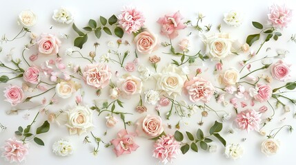 A charming floral design featuring delicate pink and beige roses set against a crisp white backdrop...