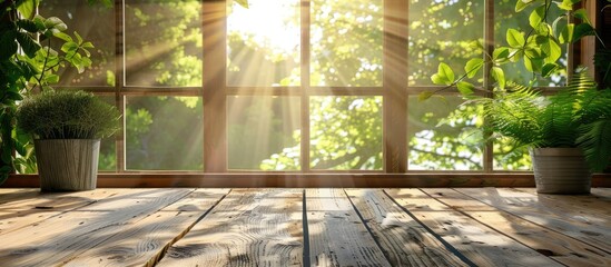 Wooden table against a summer window backdrop - obrazy, fototapety, plakaty