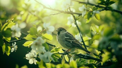 spring illustrations full of happiness and joy with beautiful flowers, trees and natural scenery, playing kites, close ups of birds and parrot, rabbits, butterflies and other creature