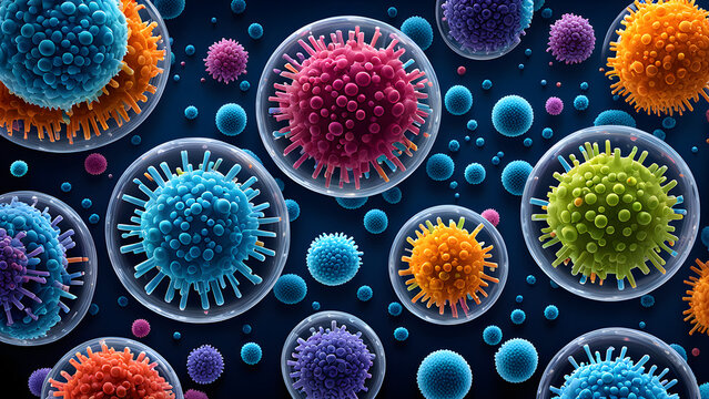 Bacteria and viruses under a microscope, biotechnology, and scientific background images