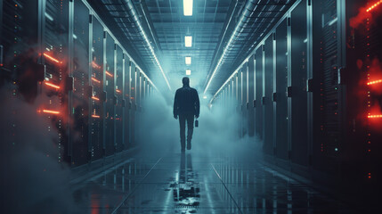 Fototapeta na wymiar Into the Data Nexus: Lone IT Manager in Server Room Hallway