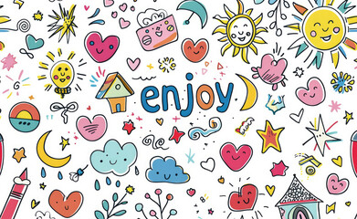 Cute doodle style, white background with many small colorful drawings of hearts, flowers, stars, lightning bolts, houses, suns, rainbows, clouds and flowers