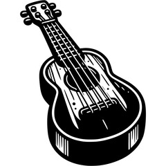 Hawaiian musical instrument ukulele in monochrome. Traditional string instrument. Simple minimalistic vector in black ink drawing on transparent background