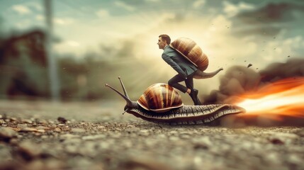 Businessman slow like a snail runs fast thanks to rockets AI generated - obrazy, fototapety, plakaty