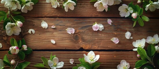 Fototapeta na wymiar Apple blossoms on a wooden background amidst spring blooming branches.