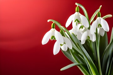 A vase of snowdrops on a red background, accompanied by a bouquet of flowers and a red-white martenitsa, symbolizing the holiday on March 1st.