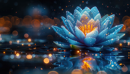 A blue lotus flower floating on water, glowing with light particles and sparkling lights in the background. Created with Ai