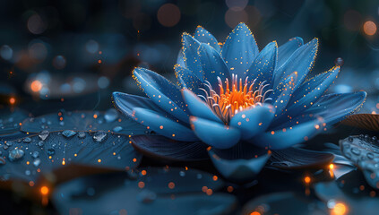 A blue lotus flower floating on water, glowing with light particles and sparkles. The background is a dark night sky with stars and bokeh lights. Created with Ai