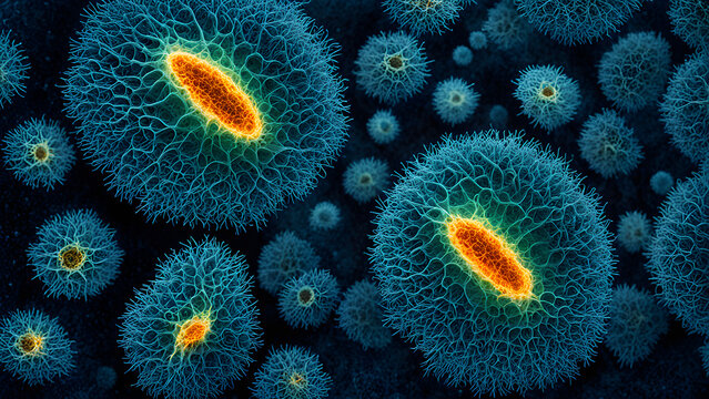 Bacteria and viruses under a microscope, biotechnology, and scientific background images