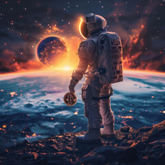 Bitcoin Odyssey: Astronaut with Bitcoin on Alien Planet at Sunrise