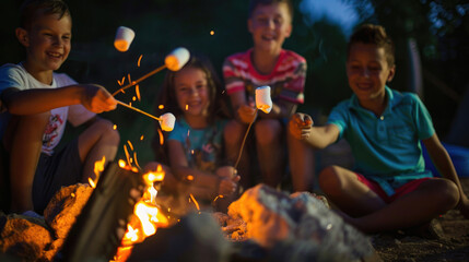 Children roasting marshmallows over a campfire at summer camp