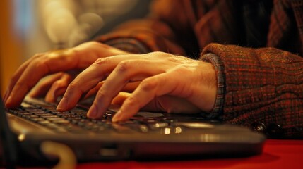 A portrait of a reporters hands as they type furiously on a laptop editing and factchecking their article before submitting it for print. . - obrazy, fototapety, plakaty