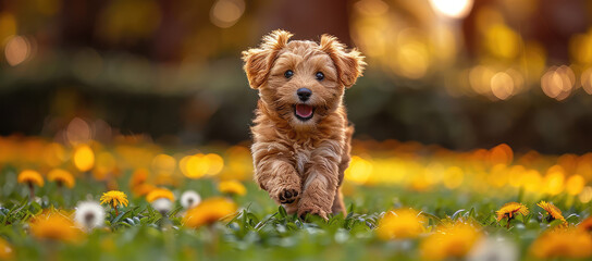 A cute brown goldendoodle puppy running and playing in the garden, smiling at the camera, beautiful bokeh background. Created with Ai