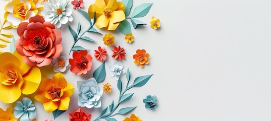 Creative arts with paper flowers and leaves in a white background
