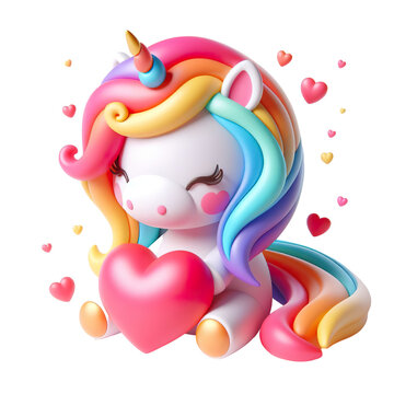 3D, cute, colorful unicorn for valentines day, white background PNG