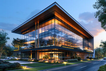 A rectangular modern office building with large glass windows, showcasing the exterior design of a three-story business center in an industrial park at dusk. Created with Ai