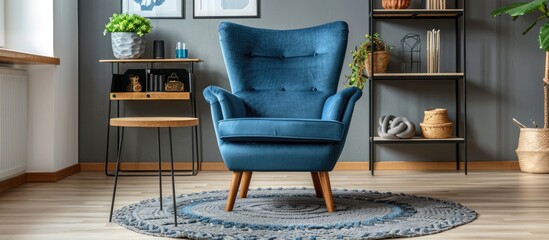 Genuine image of a large blue chair placed on a rug in an airy living room with gray walls and wooden flooring beside a shelf and a table.