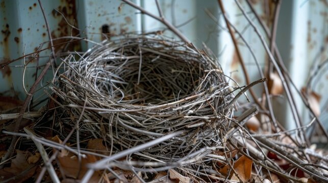 Closeup of a barren birds nest abandoned by its inhabitants as their migratory patterns are disrupted by changes in weather patterns caused by climate change. .