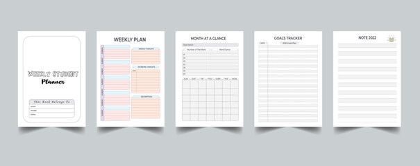 Weekly Student Planner. Weekly and days organizers for schedule list with reminder, checklists, important date and notes. Simple life planners daily routine organization vector templates