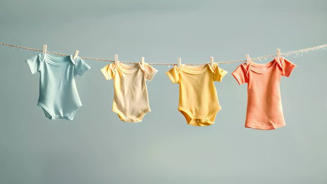 Baby clothes hanging on rope on grey background, A row of baby clothes hanging on a clothesline. The clothes are all different colors and styles