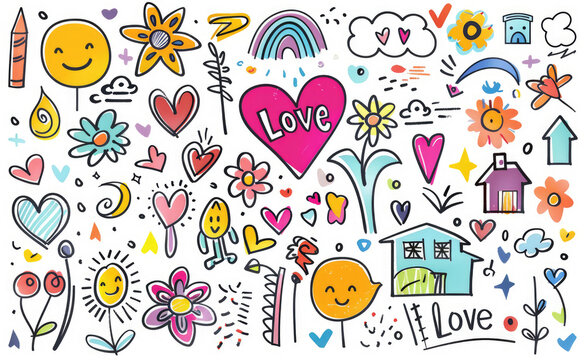 Cute doodle style, white background with many small colorful drawings of hearts, flowers, stars, lightning bolts, houses, suns, rainbows, clouds and flowers