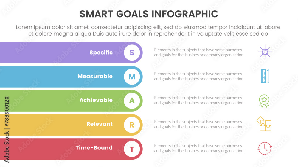 Poster smart goals setting framework infographic with rectangle round stack vertical with 5 step points for
