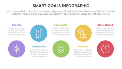 Fototapeta premium SMART goals setting framework infographic with big circle timeline ups and down with 5 step points for slide presentation