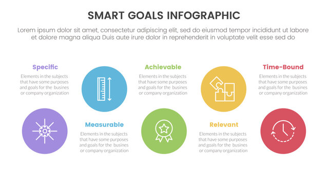 SMART goals setting framework infographic with big circle timeline ups and down with 5 step points for slide presentation