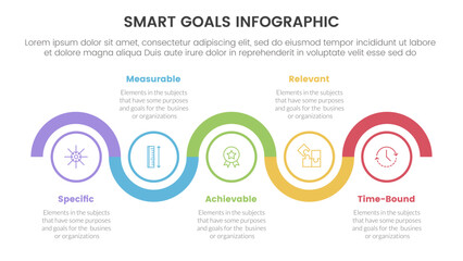 SMART goals setting framework infographic with timeline circle up and down horizontal with 5 step points for slide presentation
