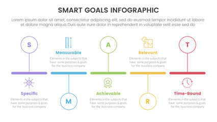 SMART goals setting framework infographic with timeline horizontal outline circle up and down with 5 step points for slide presentation